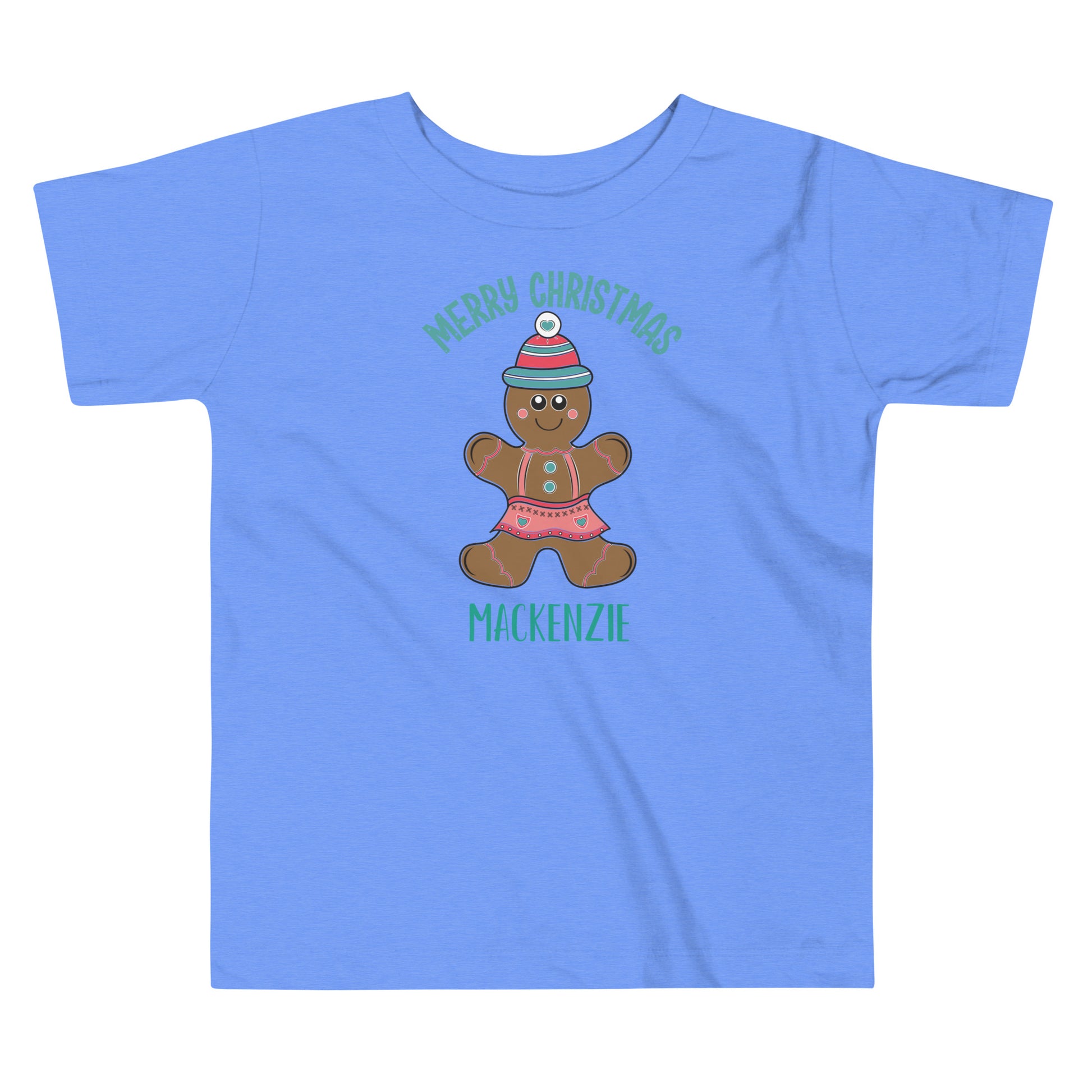 Personalized with Name Merry Christmas Gingerbread Girl Toddler Short Sleeve Tee in light blue.