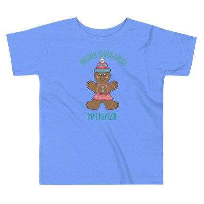 Personalized with Name Merry Christmas Gingerbread Girl Toddler Short Sleeve Tee in light blue.