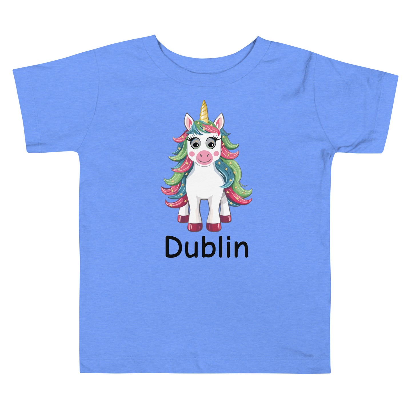 Personalized Name with Christmas Unicorn Toddler Girl Short Sleeve Tee Light Blue color.