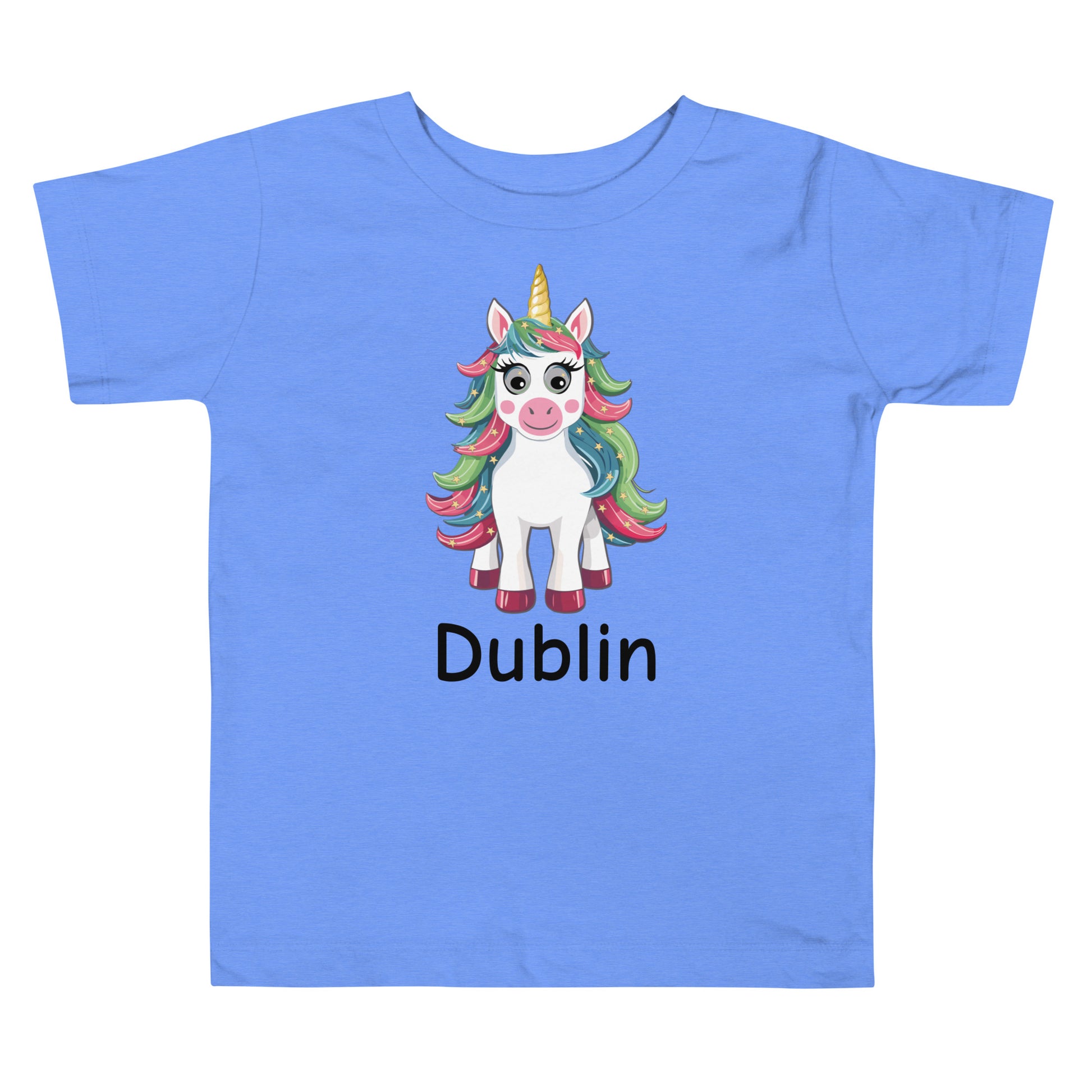 Personalized Name with Christmas Unicorn Toddler Girl Short Sleeve Tee Light Blue color.