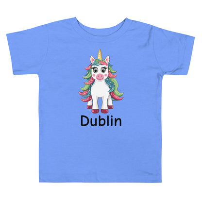 Personalized Name with Christmas Unicorn Toddler Girl Short Sleeve Tee Light Blue color.