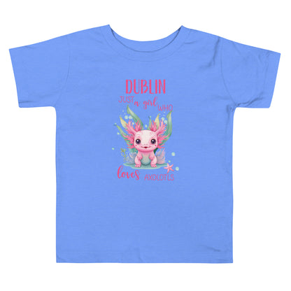 Personalized with name Just a Girl Who Loves Axolodls Toddler Short Sleeve Tee.