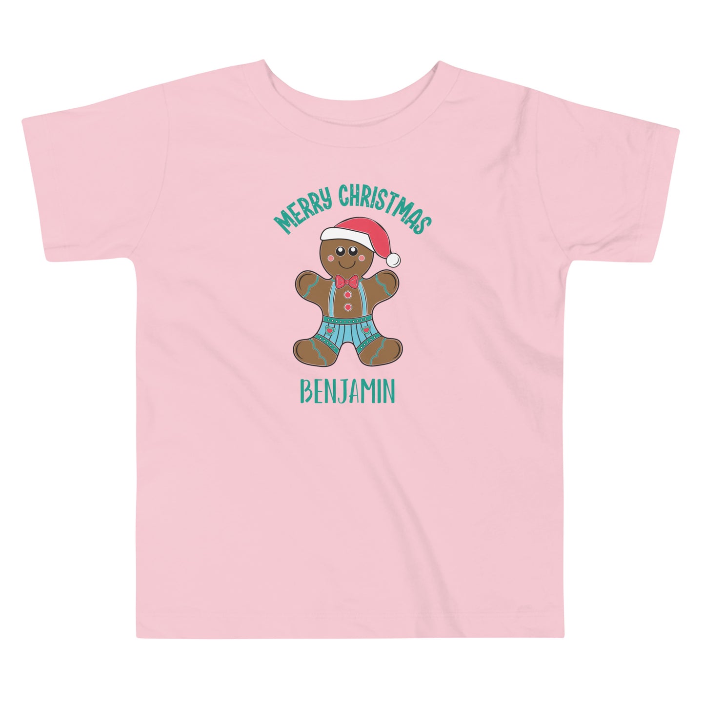 Personalized Merry Christmas Gingerbread Man Toddler Short Sleeve Tee in pink. 