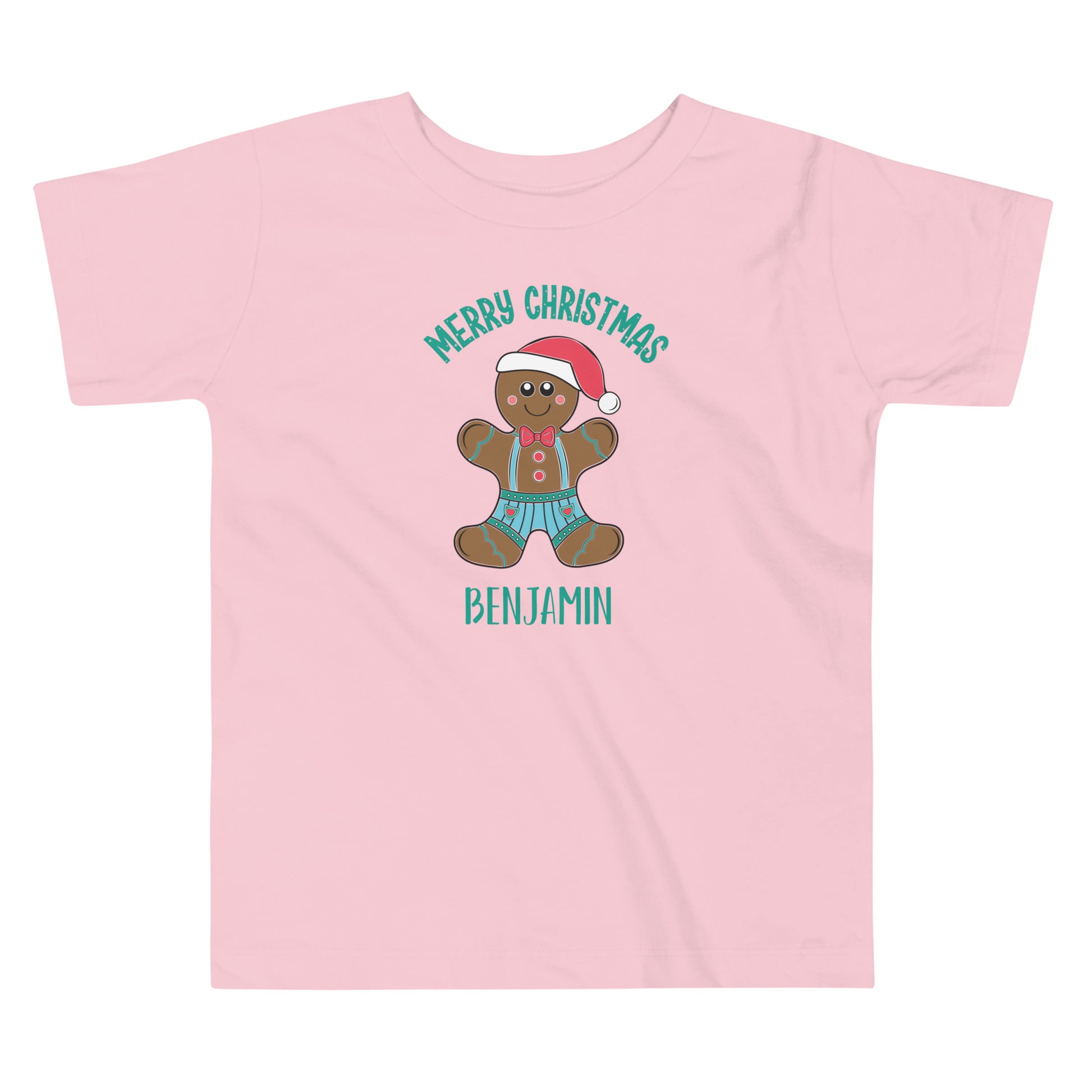 Personalized Merry Christmas Gingerbread Man Toddler Short Sleeve Tee in pink. 
