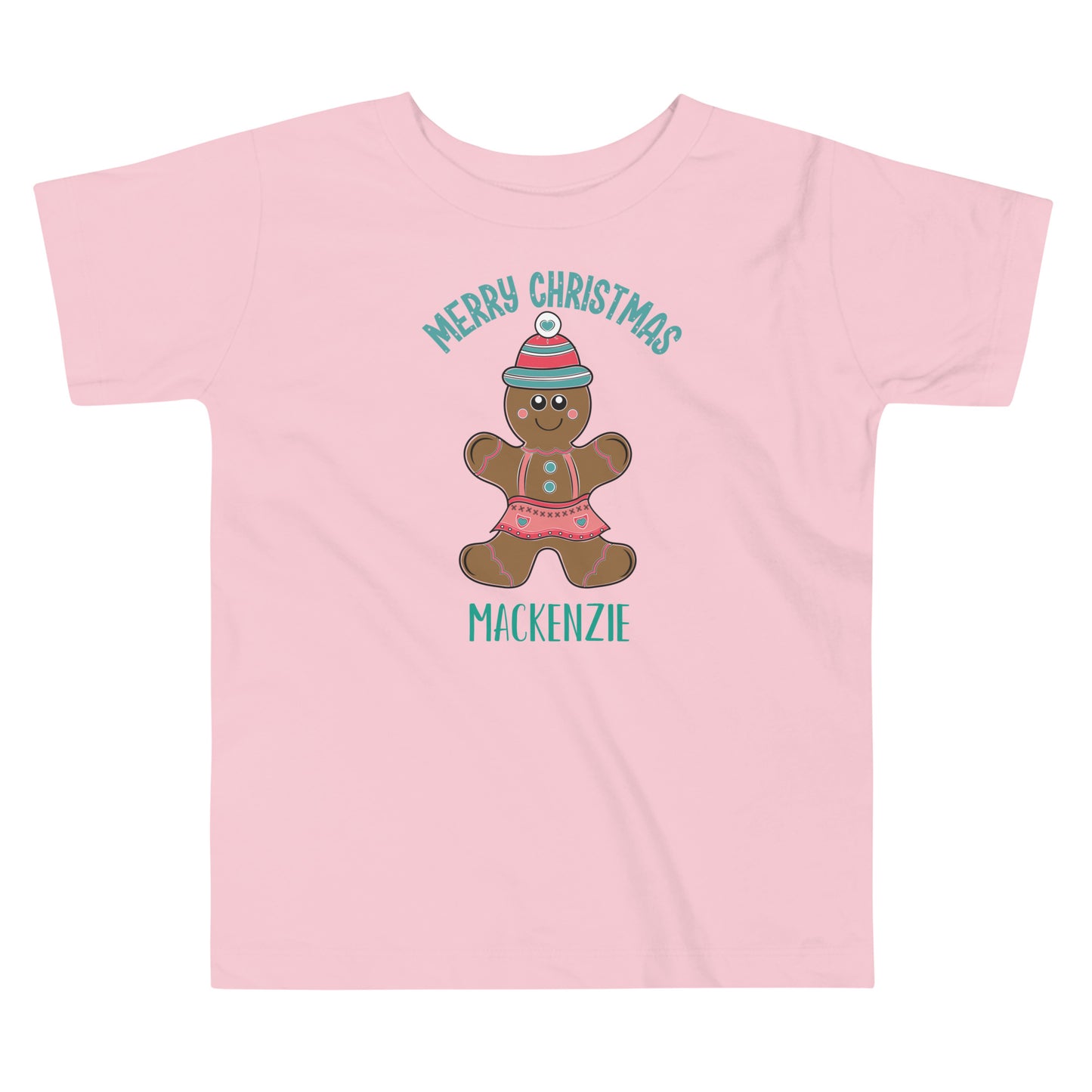 Personalized with Name Merry Christmas Gingerbread Girl Toddler Short Sleeve Tee in pink.