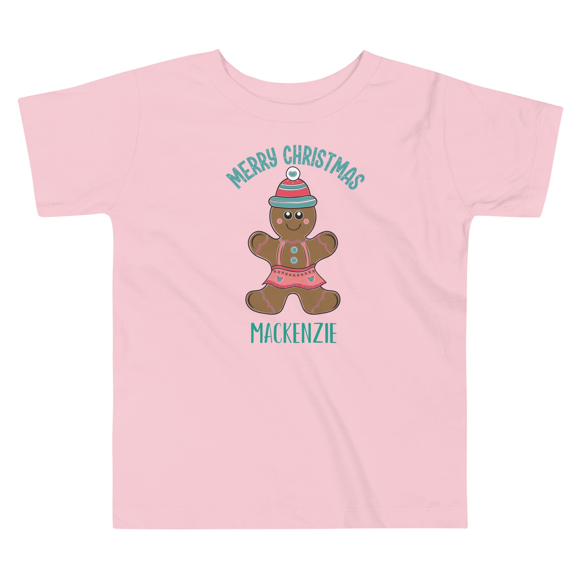 Personalized with Name Merry Christmas Gingerbread Girl Toddler Short Sleeve Tee in pink.