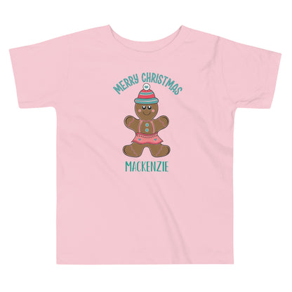 Personalized with Name Merry Christmas Gingerbread Girl Toddler Short Sleeve Tee in pink.