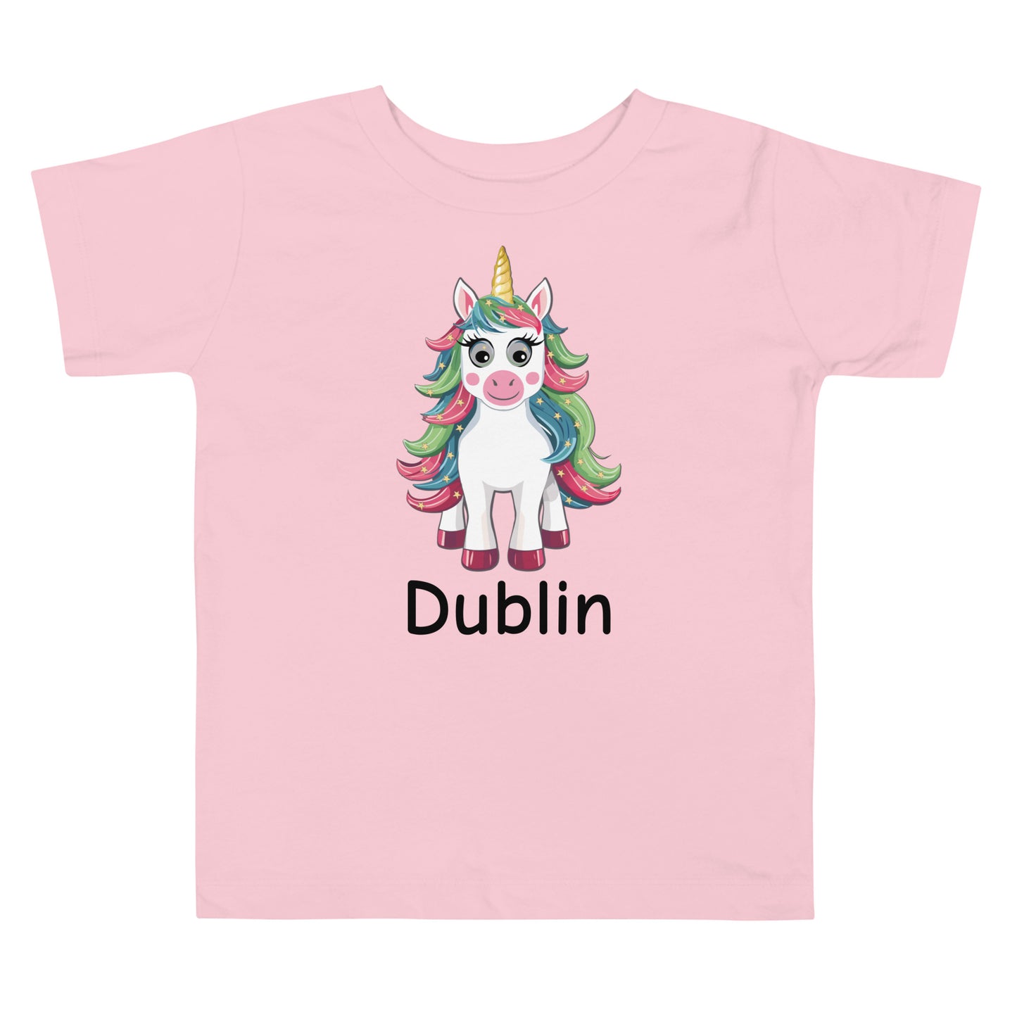 Personalized Name with Christmas Unicorn Toddler Girl Short Sleeve Tee Light Pink color.