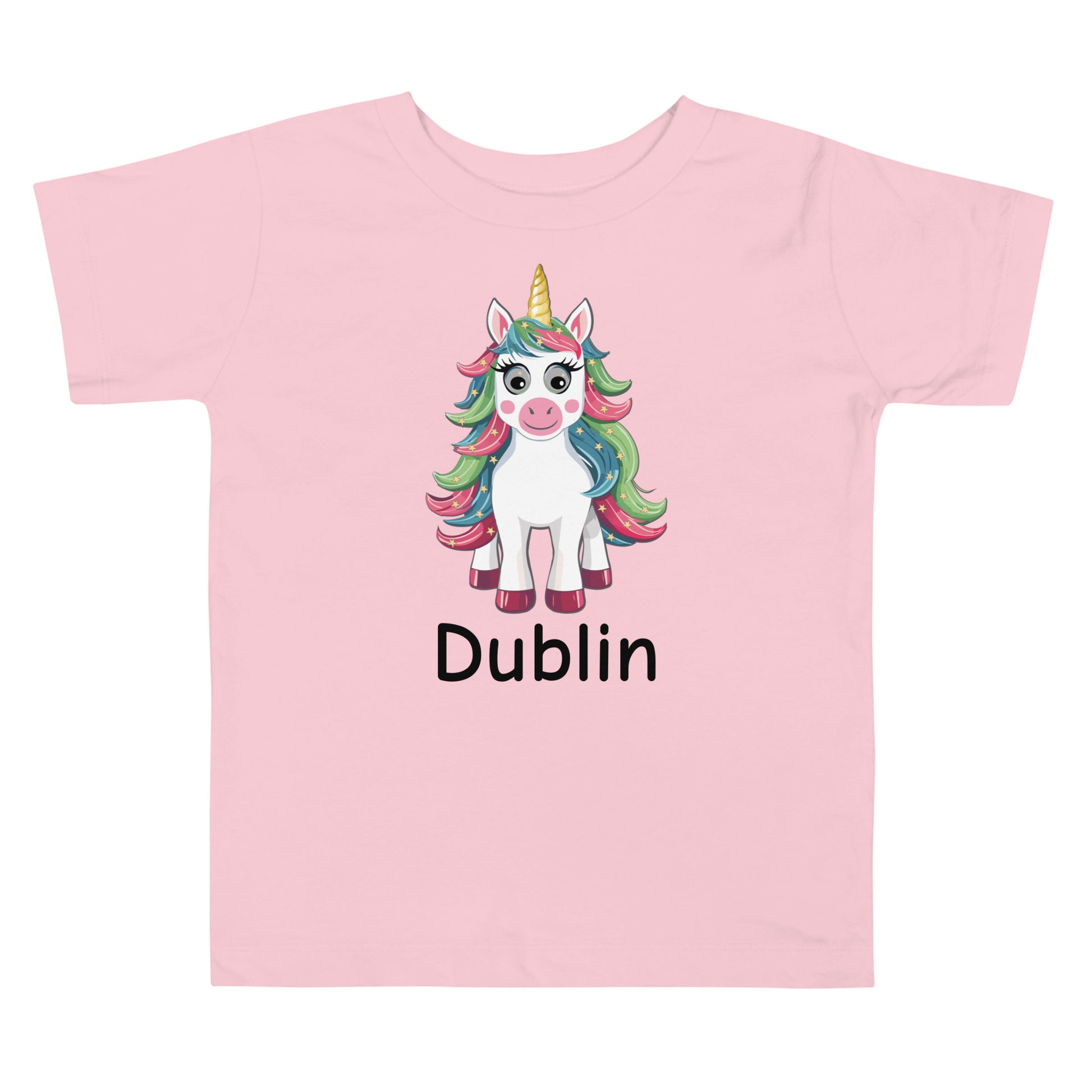 Personalized Name with Christmas Unicorn Toddler Girl Short Sleeve Tee Light Pink color.