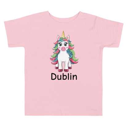 Personalized Name with Christmas Unicorn Toddler Girl Short Sleeve Tee Light Pink color.