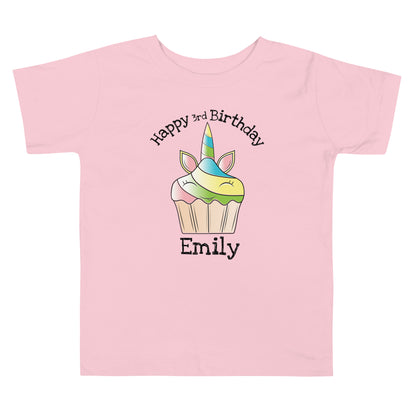Personalized Birthday Unicorn Cupcake with Name & Age on a Toddler Tee