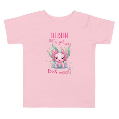 Personalized with name Just a Girl Who Loves Axolodls Toddler Short Sleeve Tee.