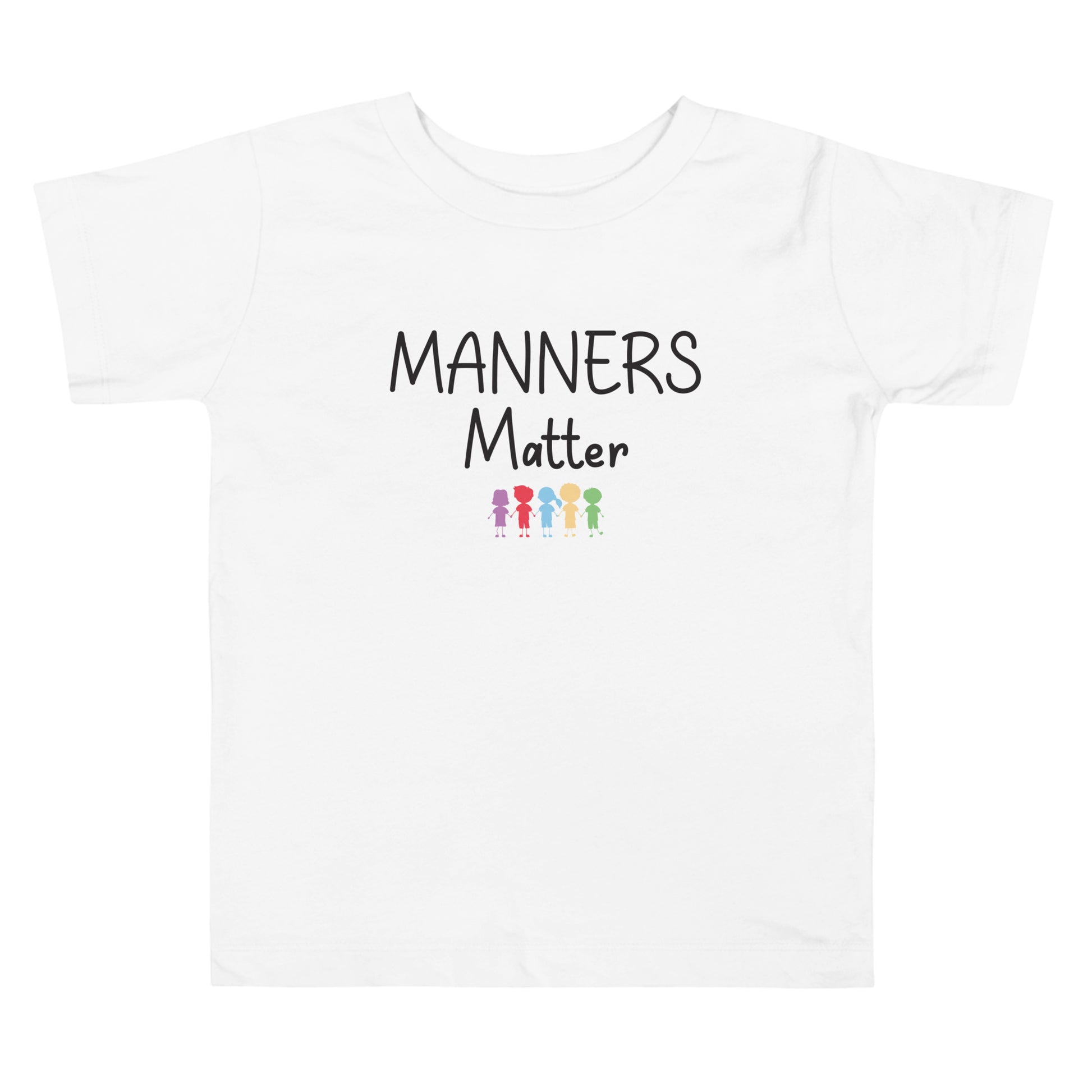 Short Sleeve Toddler T-shirt that says Manners Matter with 5 cute colorful kids holding hands.