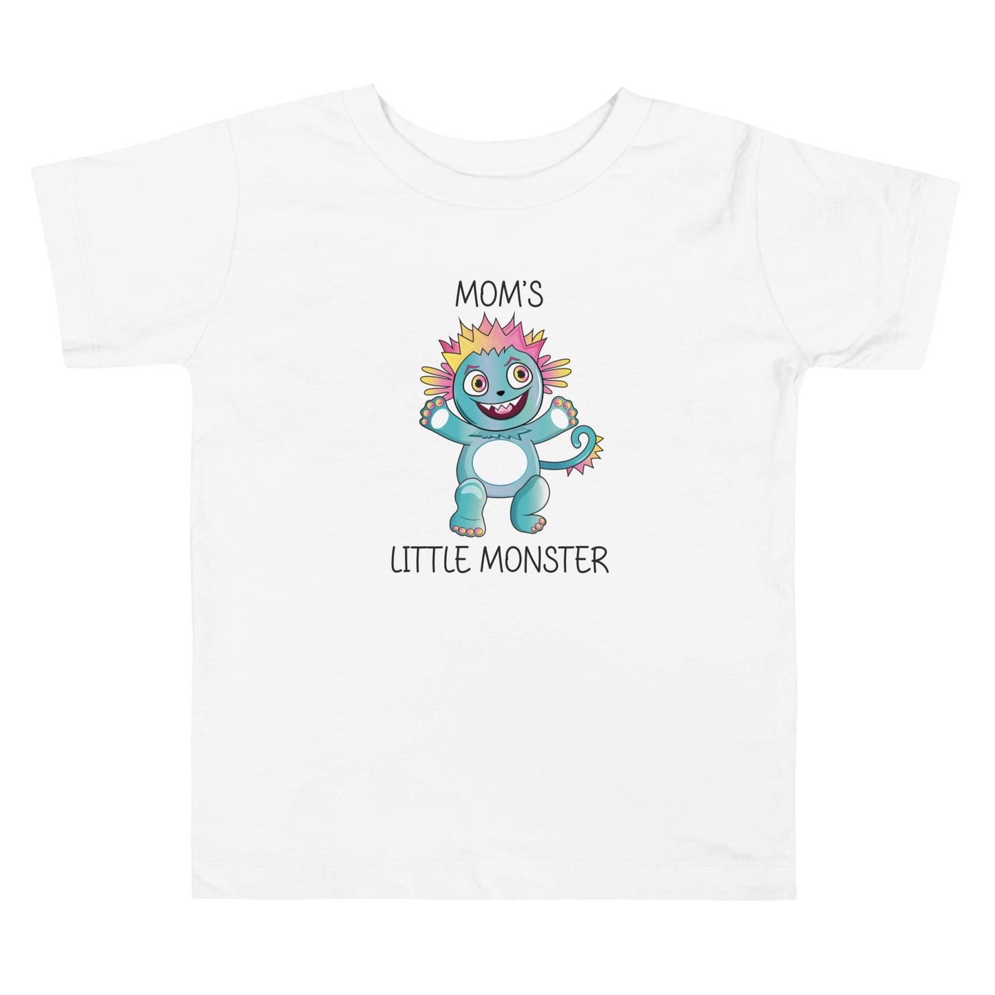 White short sleeve toddler tee with cute monster that says Moms Little Monster on the front. 