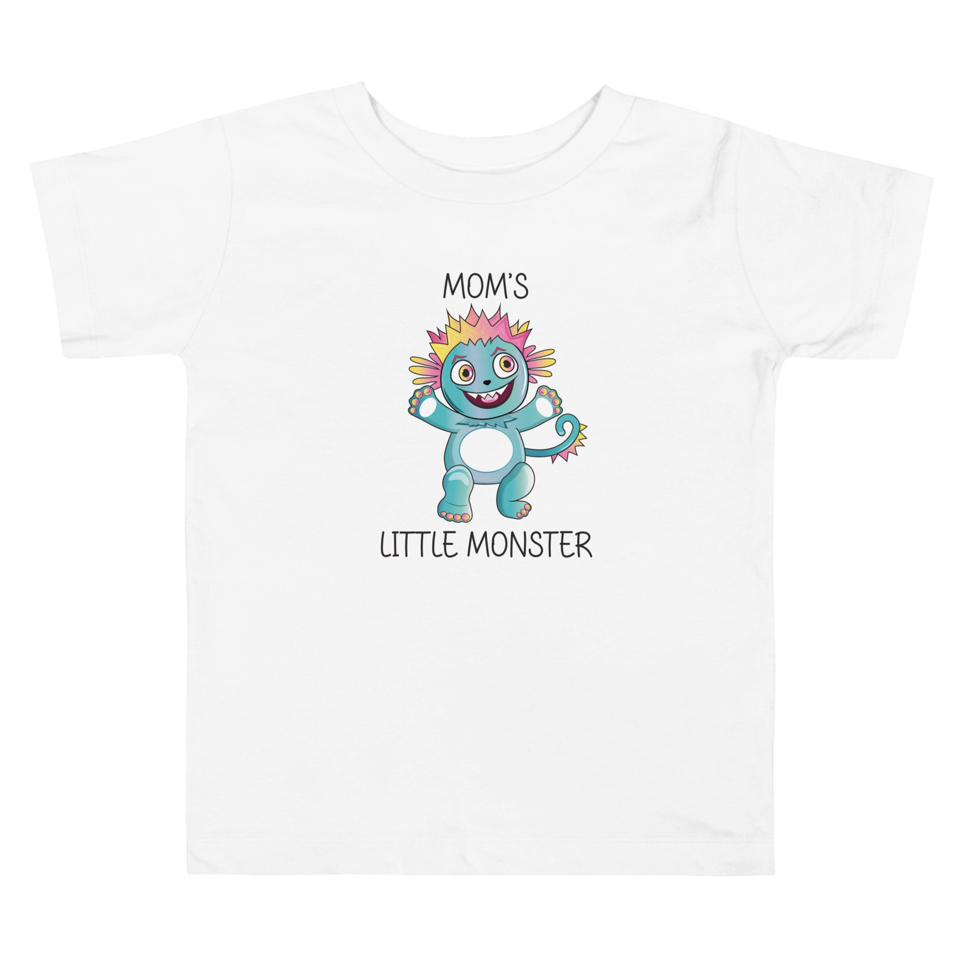White short sleeve toddler tee with cute monster that says Moms Little Monster on the front. 