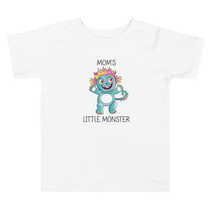White short sleeve toddler tee with cute monster that says Moms Little Monster on the front. 