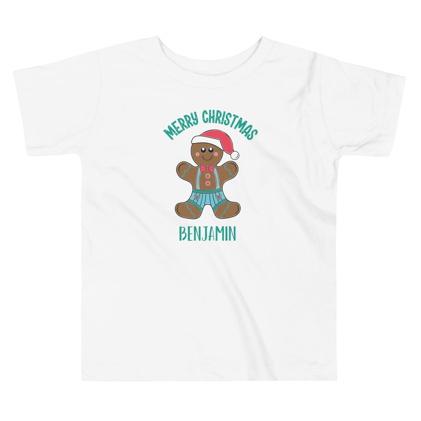 Personalized Merry Christmas Gingerbread Man Toddler Short Sleeve T-shirt in white.