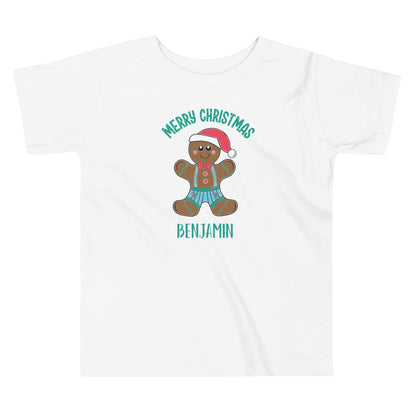 Personalized Merry Christmas Gingerbread Man Toddler Short Sleeve T-shirt in white.
