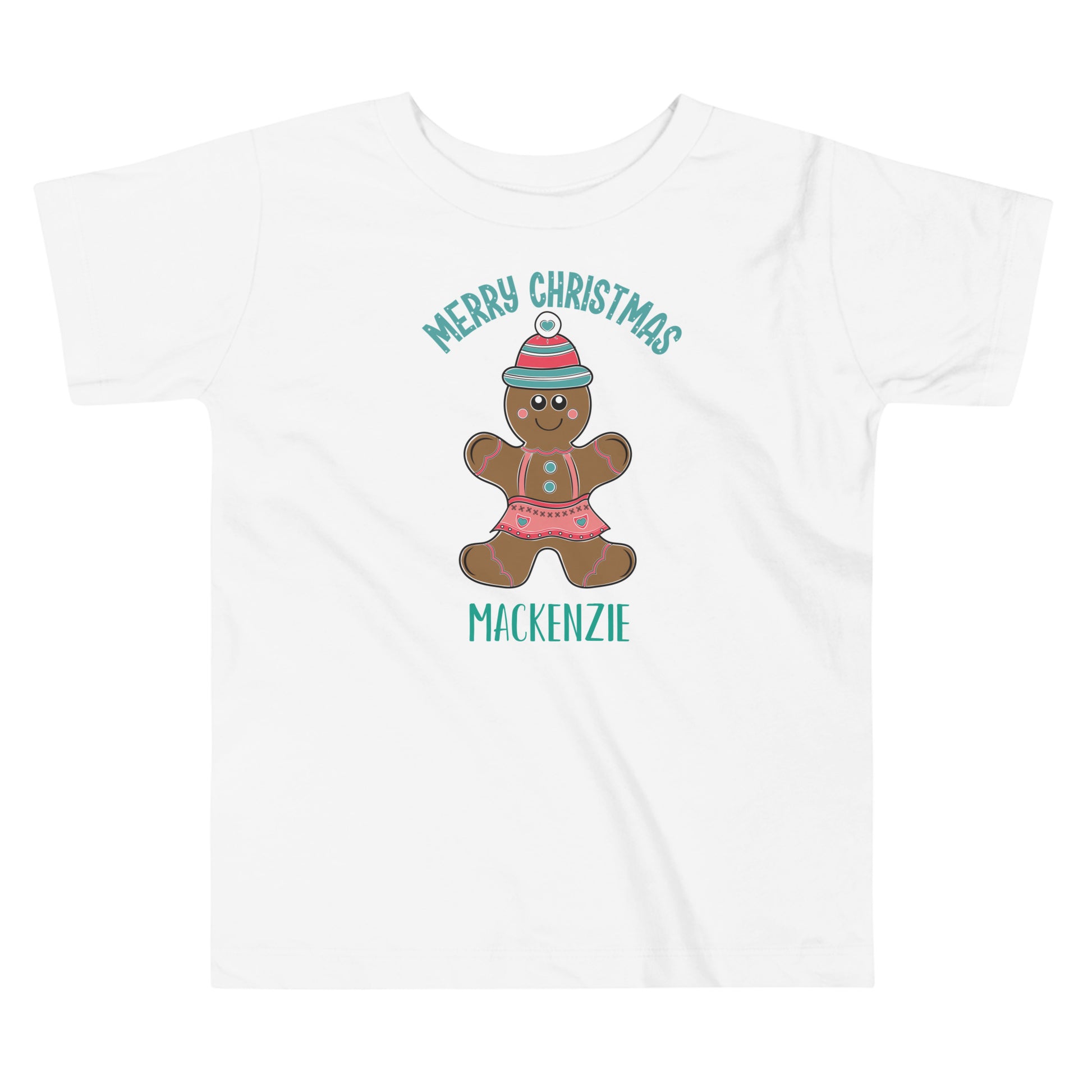 Personalized with Name Merry Christmas Gingerbread Girl Toddler Short Sleeve Tee in white.