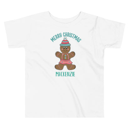 Personalized with Name Merry Christmas Gingerbread Girl Toddler Short Sleeve Tee in white.