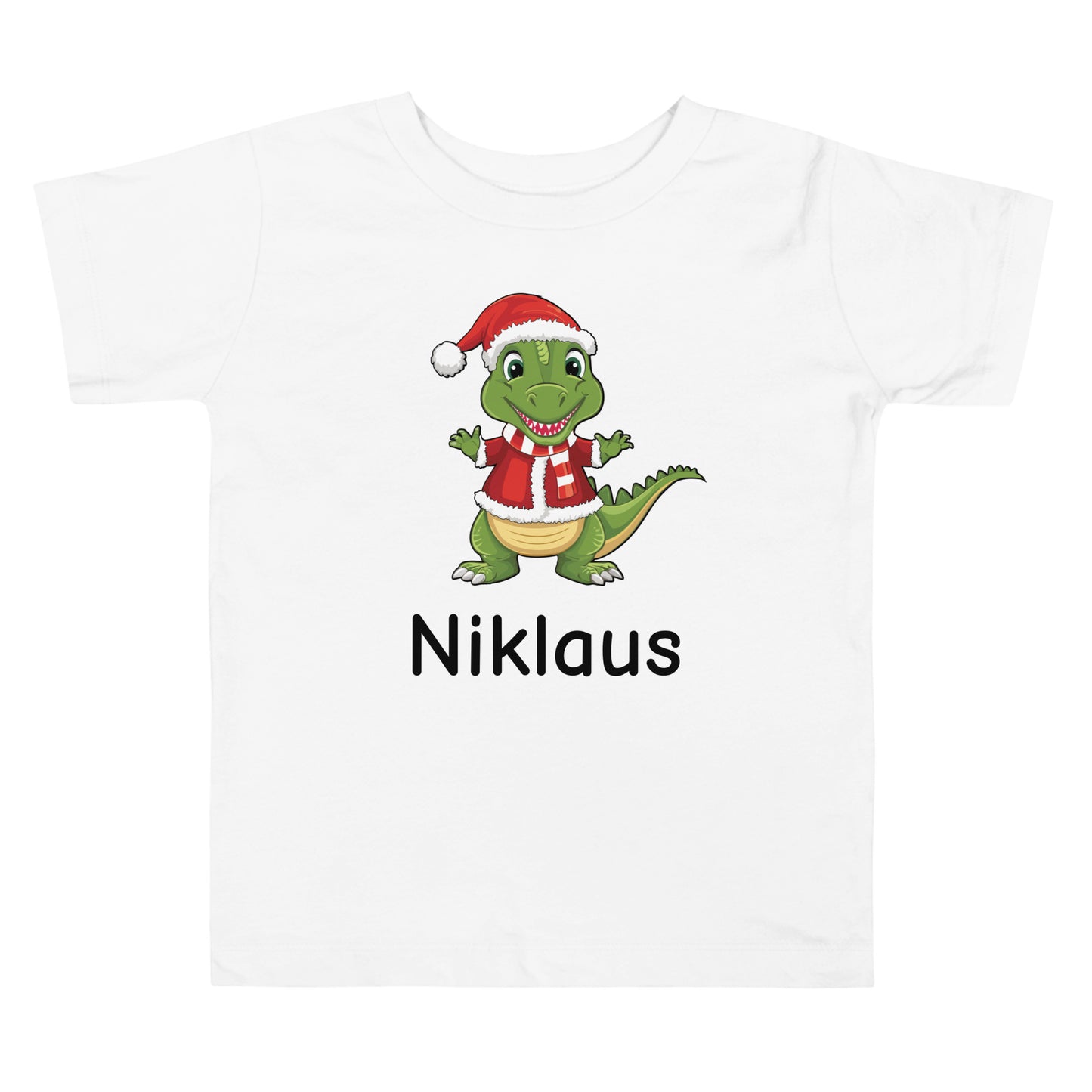Personalized with Name Dinosaur Santa Toddler Size Short Sleeve White t-shirt.