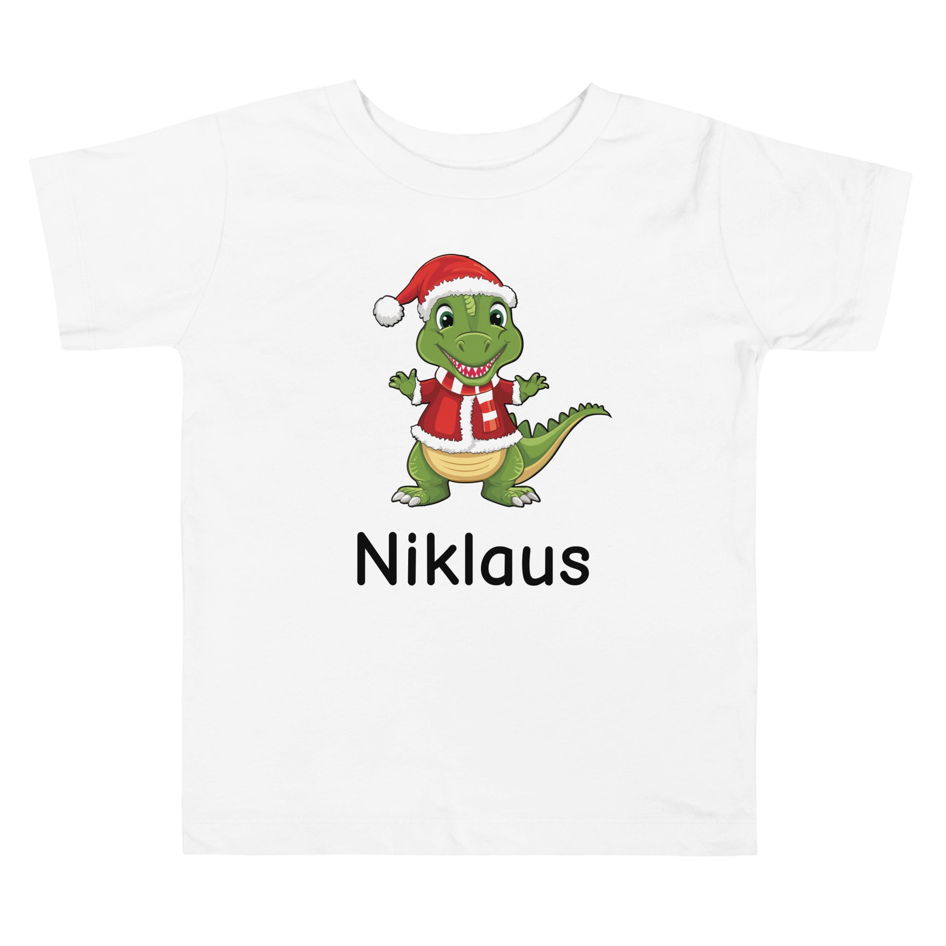 Personalized with Name Dinosaur Santa Toddler Size Short Sleeve White t-shirt.