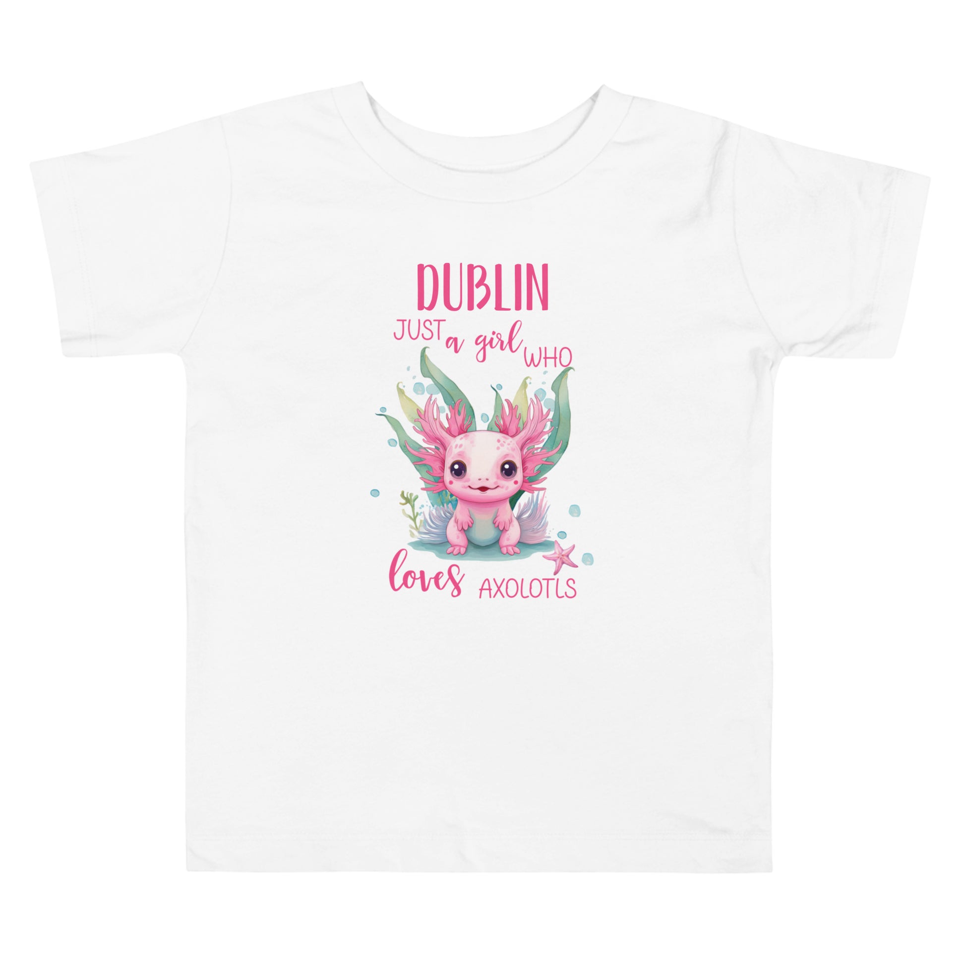 Personalized with name Just a Girl Who Loves Axolodls Toddler Short Sleeve Tee.
