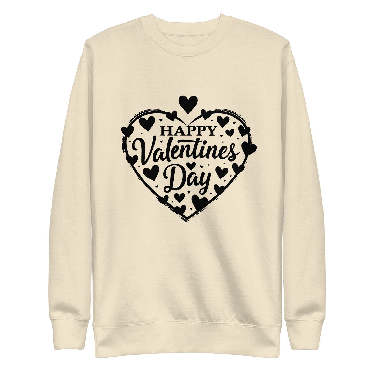 Happy Valentine's Day written in a heart with hearts scattered around on a Unisex Premium Sweatshirt.