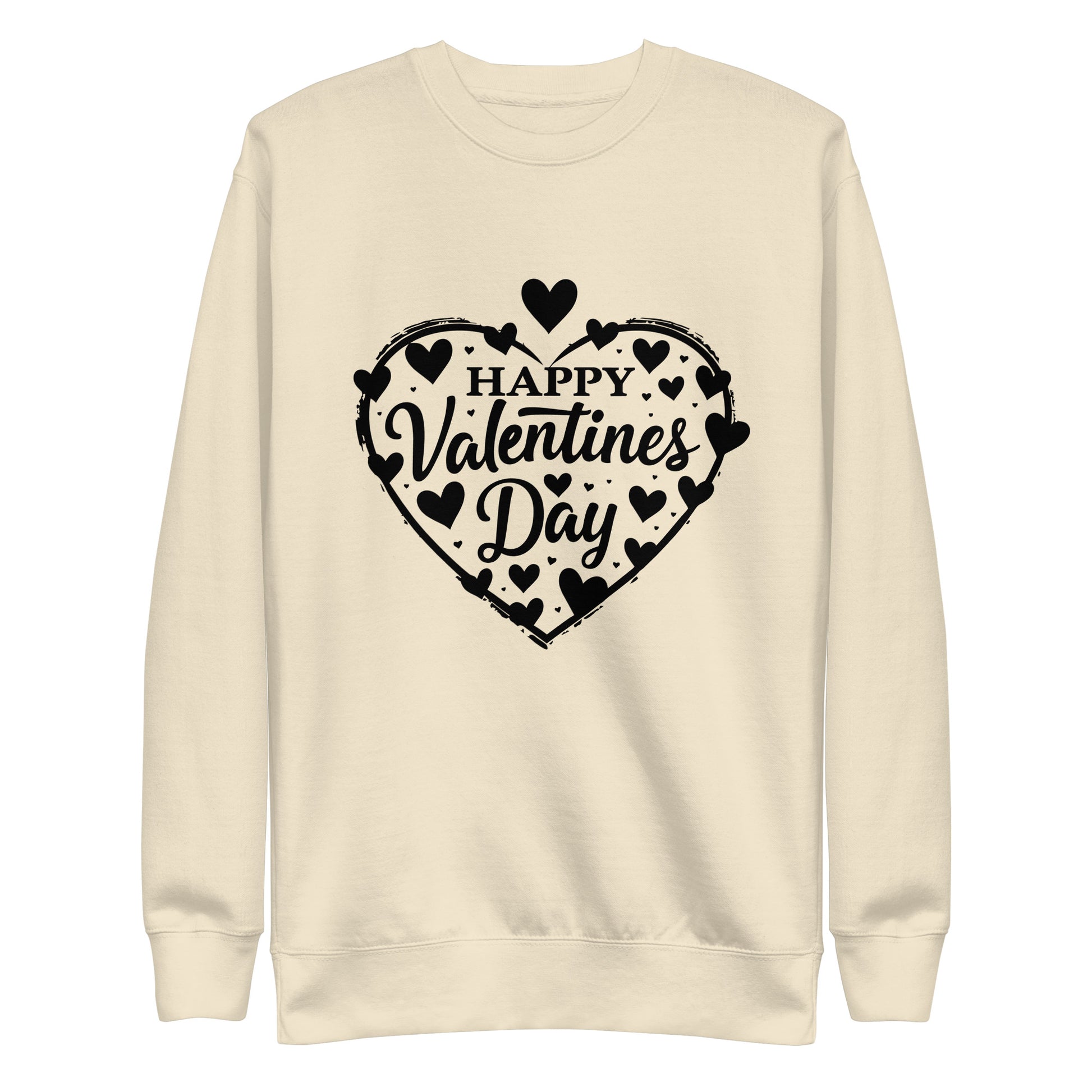 Happy Valentine's Day written in a heart with hearts scattered around on a Unisex Premium Sweatshirt.