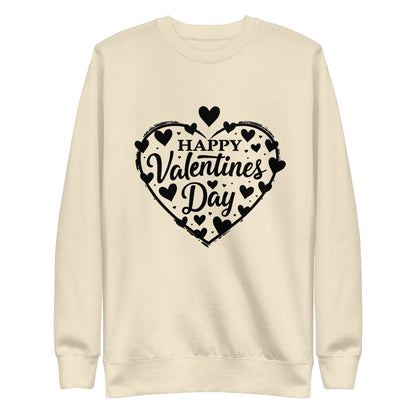 Happy Valentine's Day written in a heart with hearts scattered around on a Unisex Premium Sweatshirt.