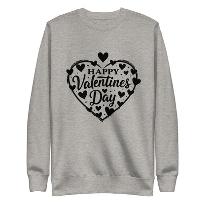 Happy Valentine's Day written in a heart with hearts scattered around on a Unisex Premium Sweatshirt.