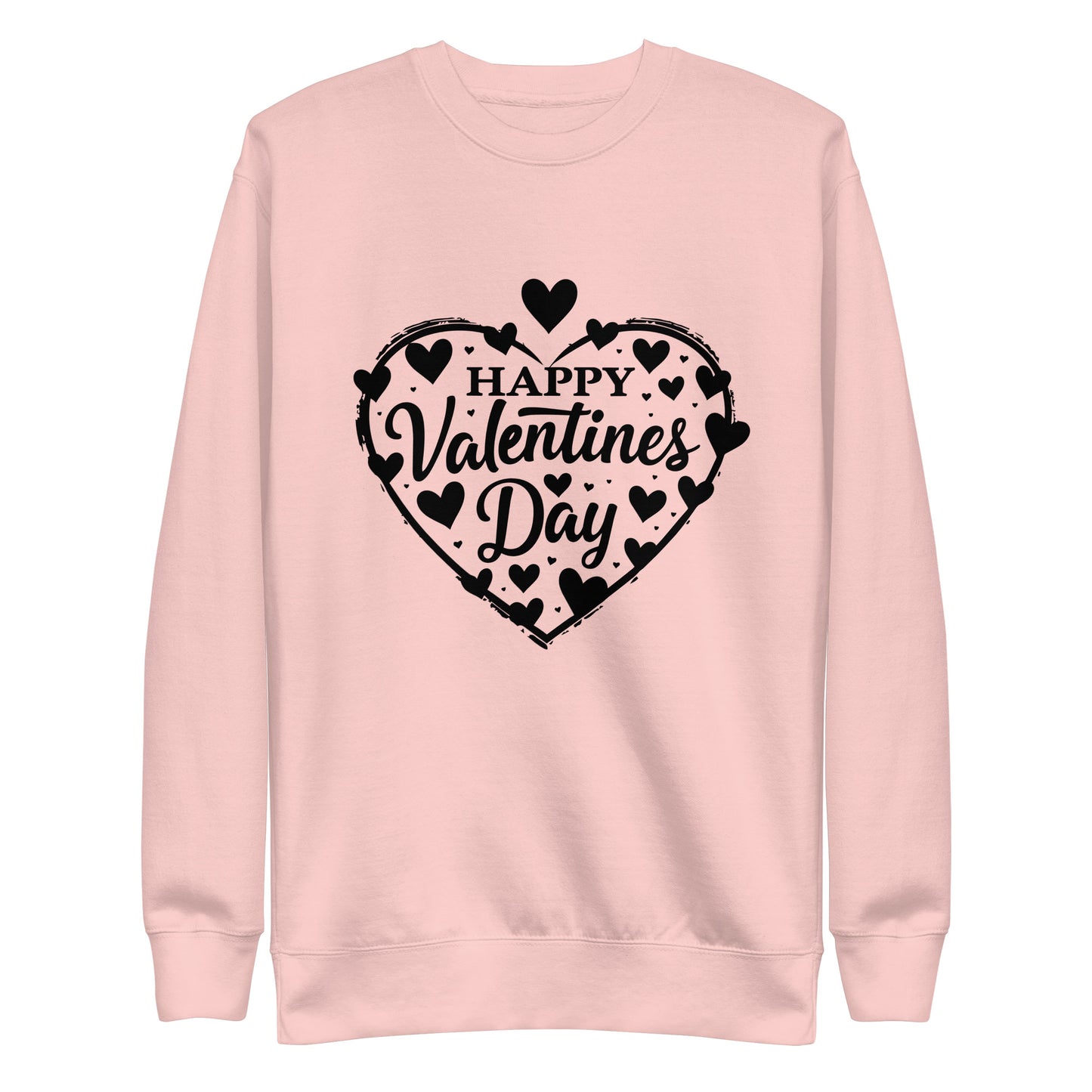 Happy Valentine's Day written in a heart with hearts scattered around on a Unisex Premium Sweatshirt.
