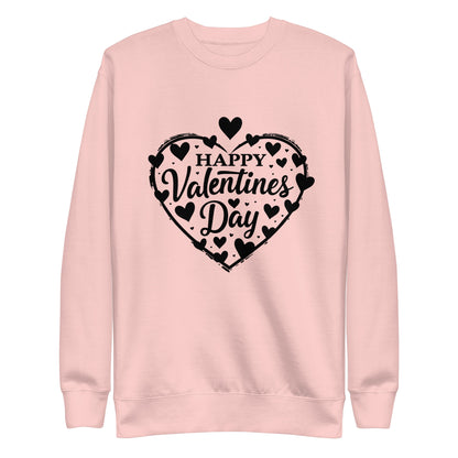 Happy Valentine's Day written in a heart with hearts scattered around on a Unisex Premium Sweatshirt.