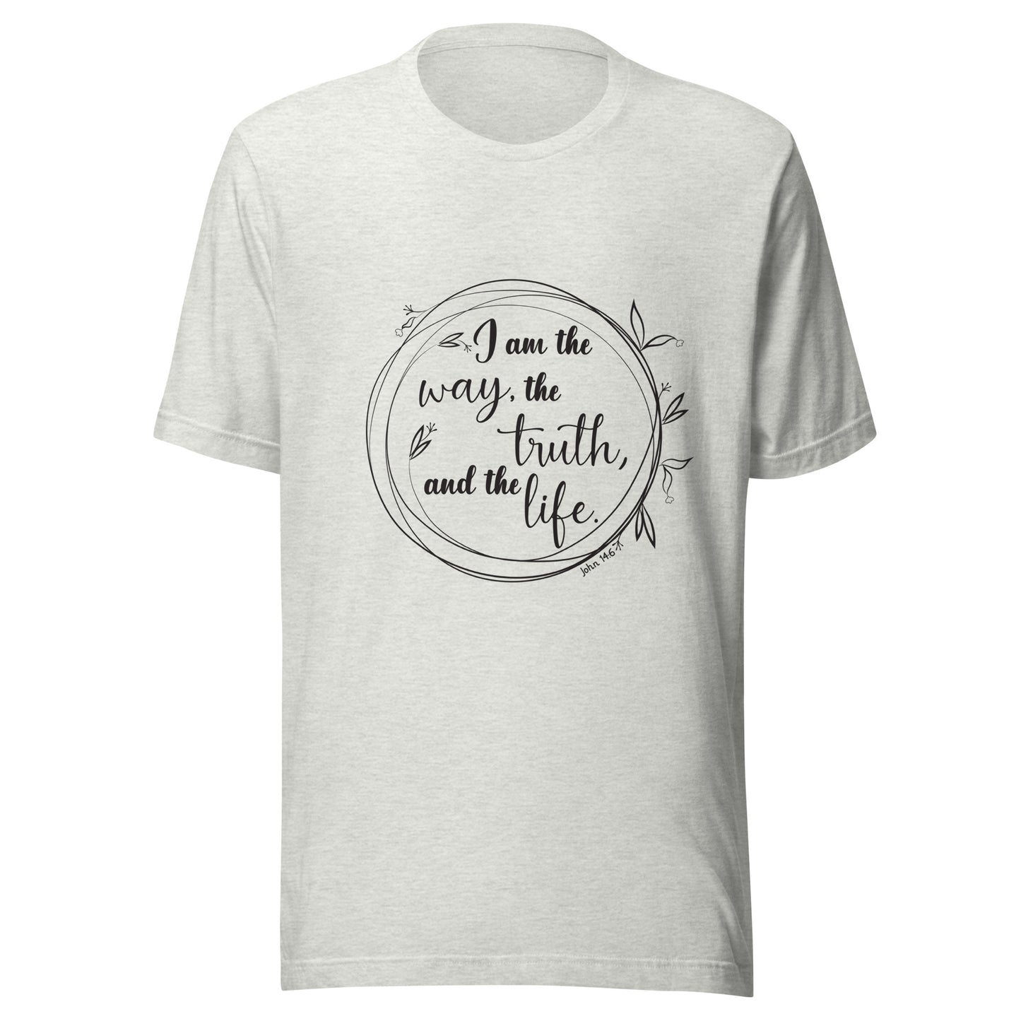 Ash gray unisex short sleeve t-shirt with John 14:6 scripture written in a viney circle.