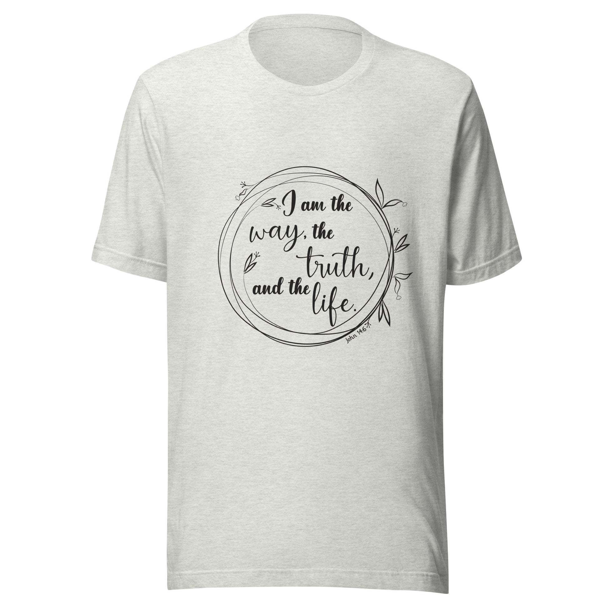 Ash gray unisex short sleeve t-shirt with John 14:6 scripture written in a viney circle.