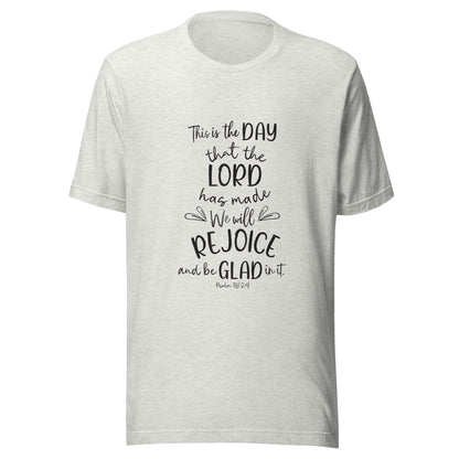 Ash gray unisex short sleeve t-shirt with Psalm 118:24 scripture with a vine up one side of the words.