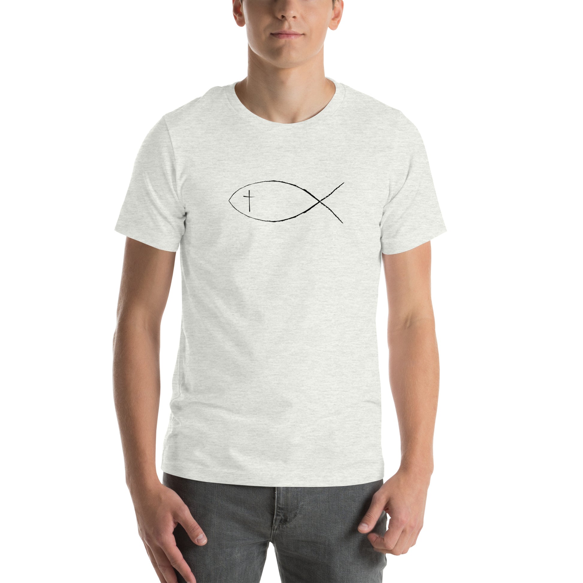 Ash colored Unisex short sleeve t-shirt with Christan fish and cross. 
