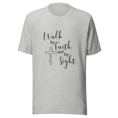 Heather gray unisex short sleeve t-shirt that says Walk by faith not by sight and has a cross with ivy. 