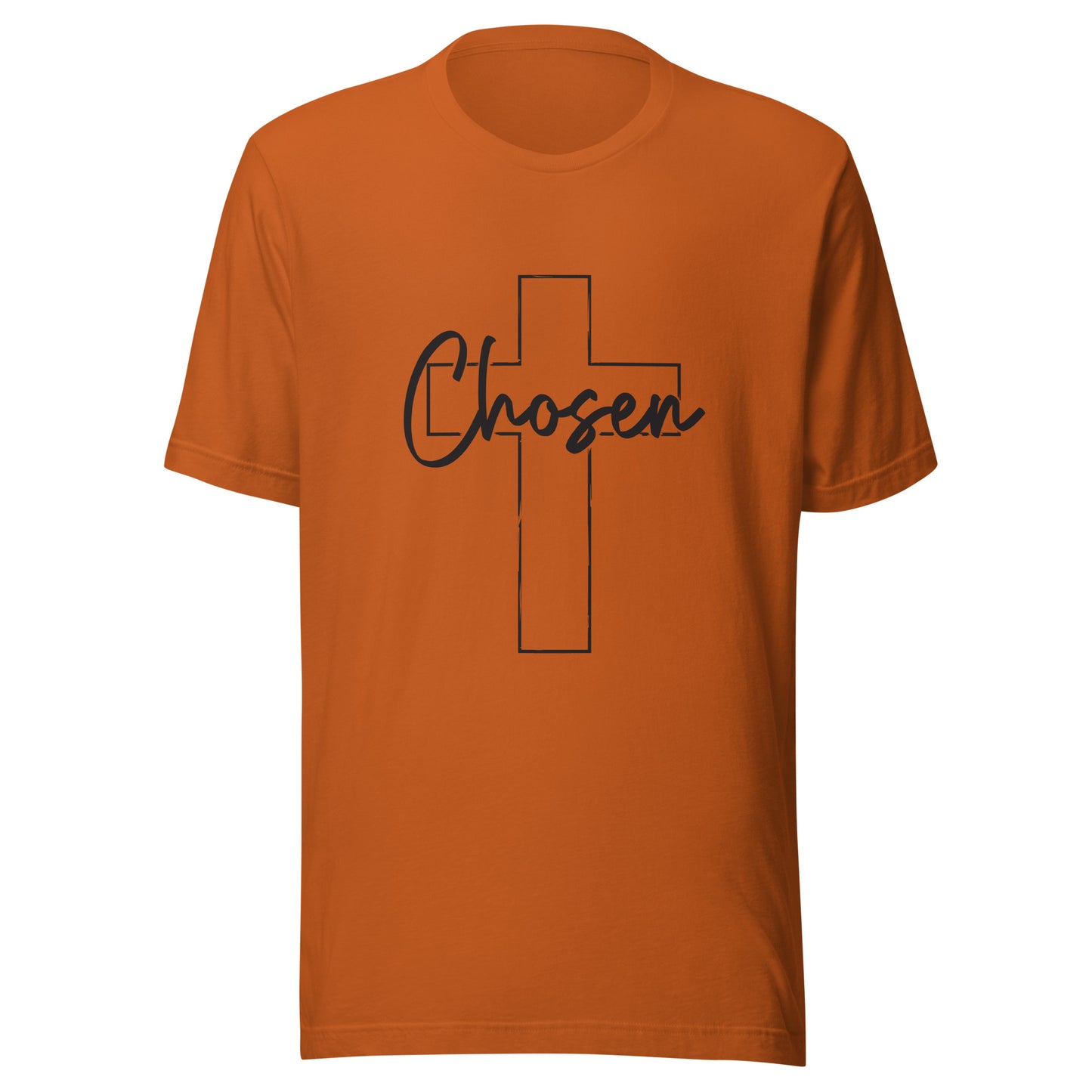 Autumn orange unisex short sleeve t-shirt that has a Christian cross and has the word chosen acrossed it. 