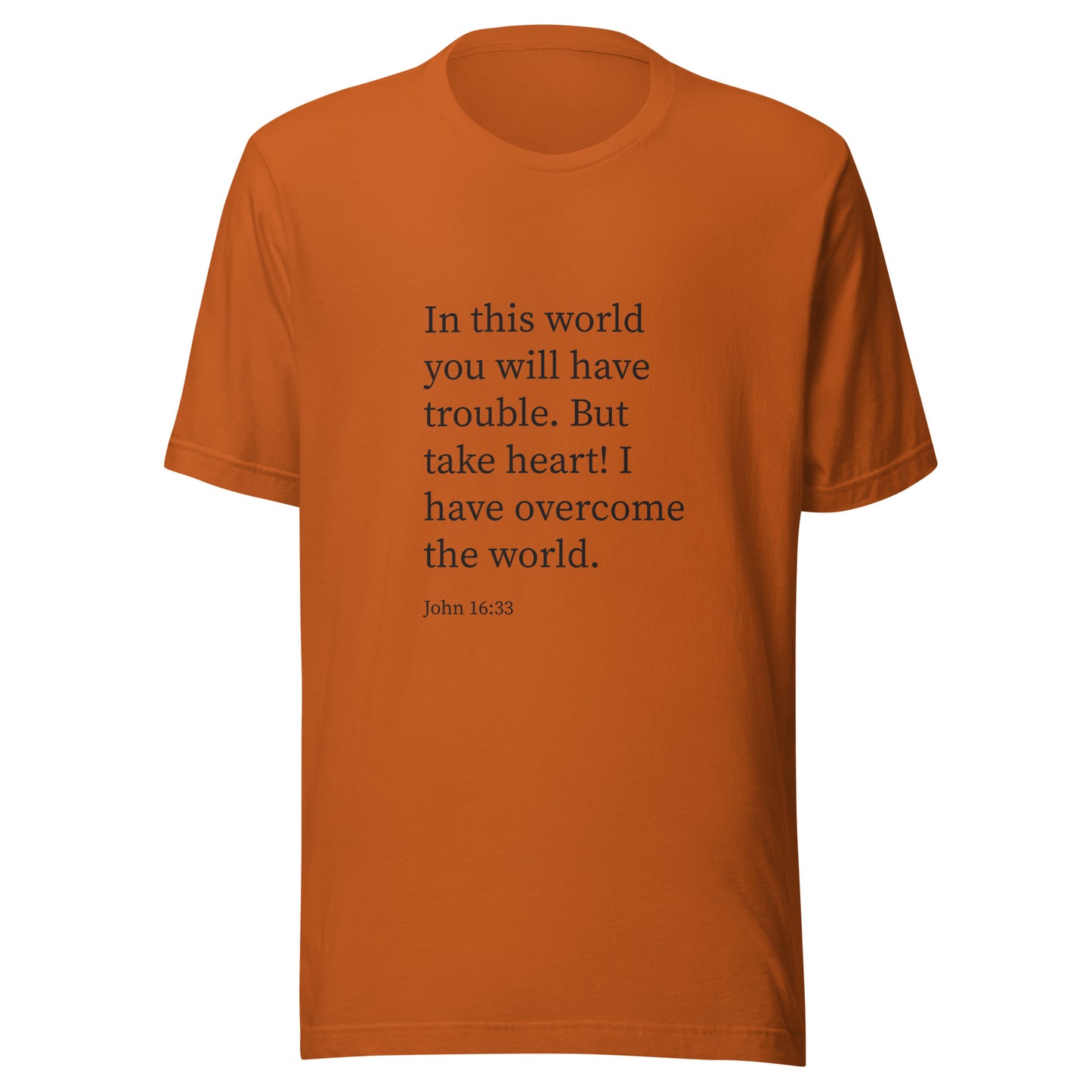 Autumn orange unisex short sleeve t-shirt with John 16:33 scripture. 