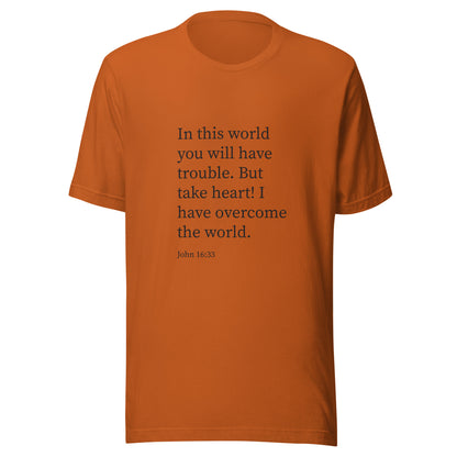 Autumn orange unisex short sleeve t-shirt with John 16:33 scripture. 