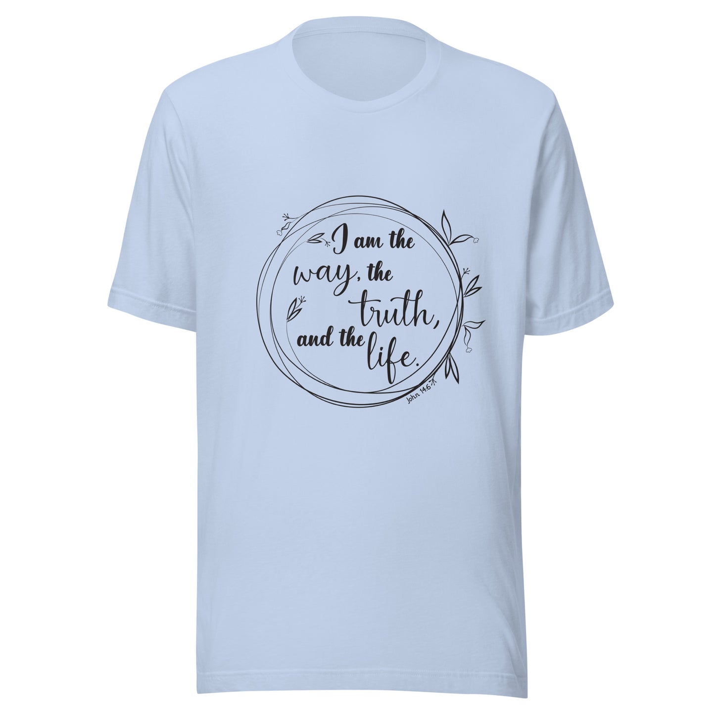 Baby blue unisex short sleeve t-shirt with John 14:6 scripture written in a viney circle.