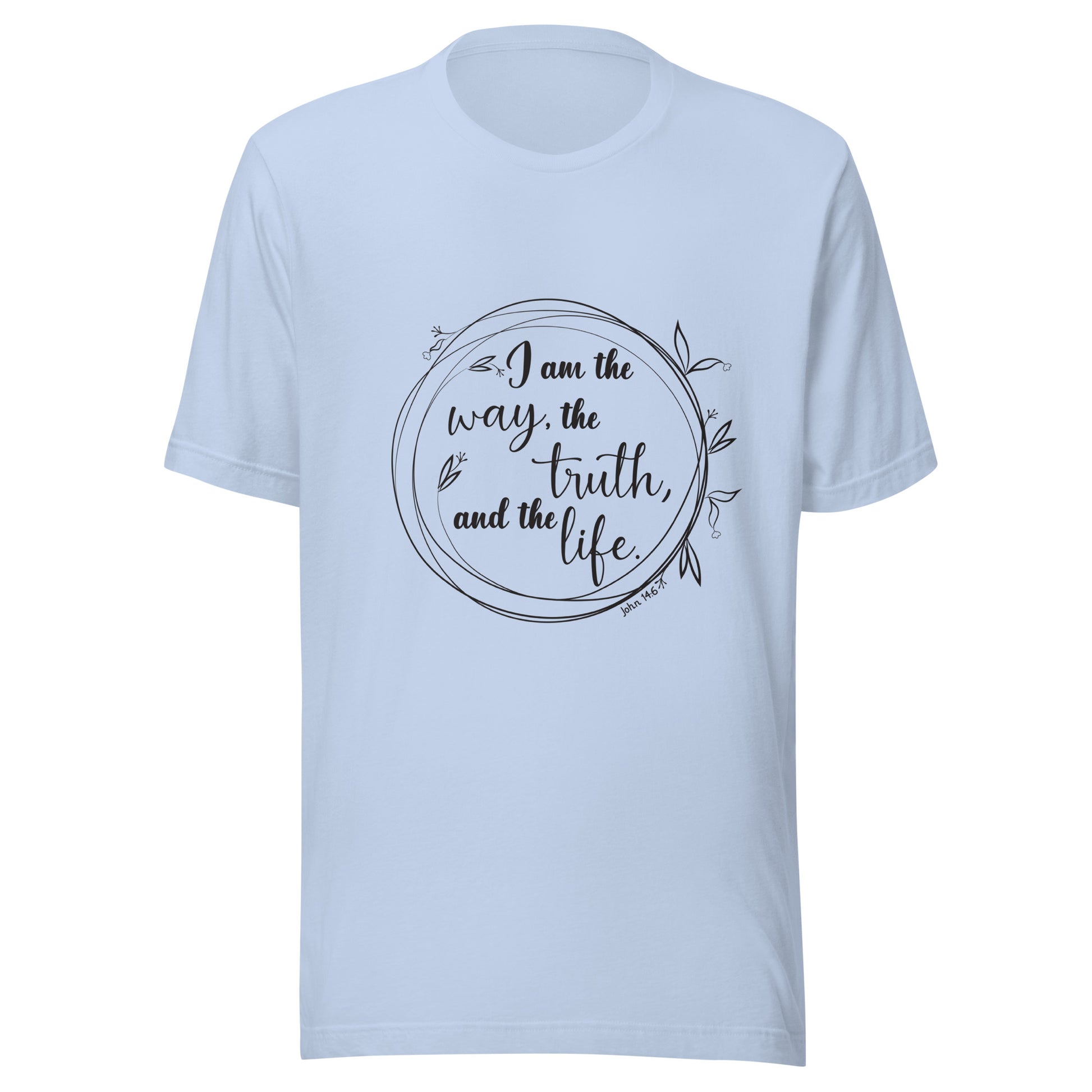 Baby blue unisex short sleeve t-shirt with John 14:6 scripture written in a viney circle.