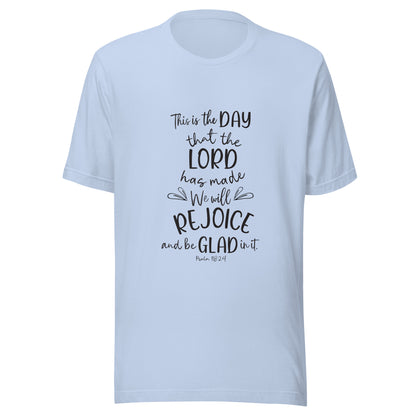 Baby blue unisex short sleeve t-shirt with Psalm 118:24 scripture with a vine up one side of the words.