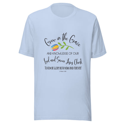 Baby blue unisex short sleeve t-shirt that has a cute multi-colored flower with the words 'Grow in the Grace and knowledge of our Lord and Saviour Jesus Christ to Him be the glory both now and forever' in different fonts. 