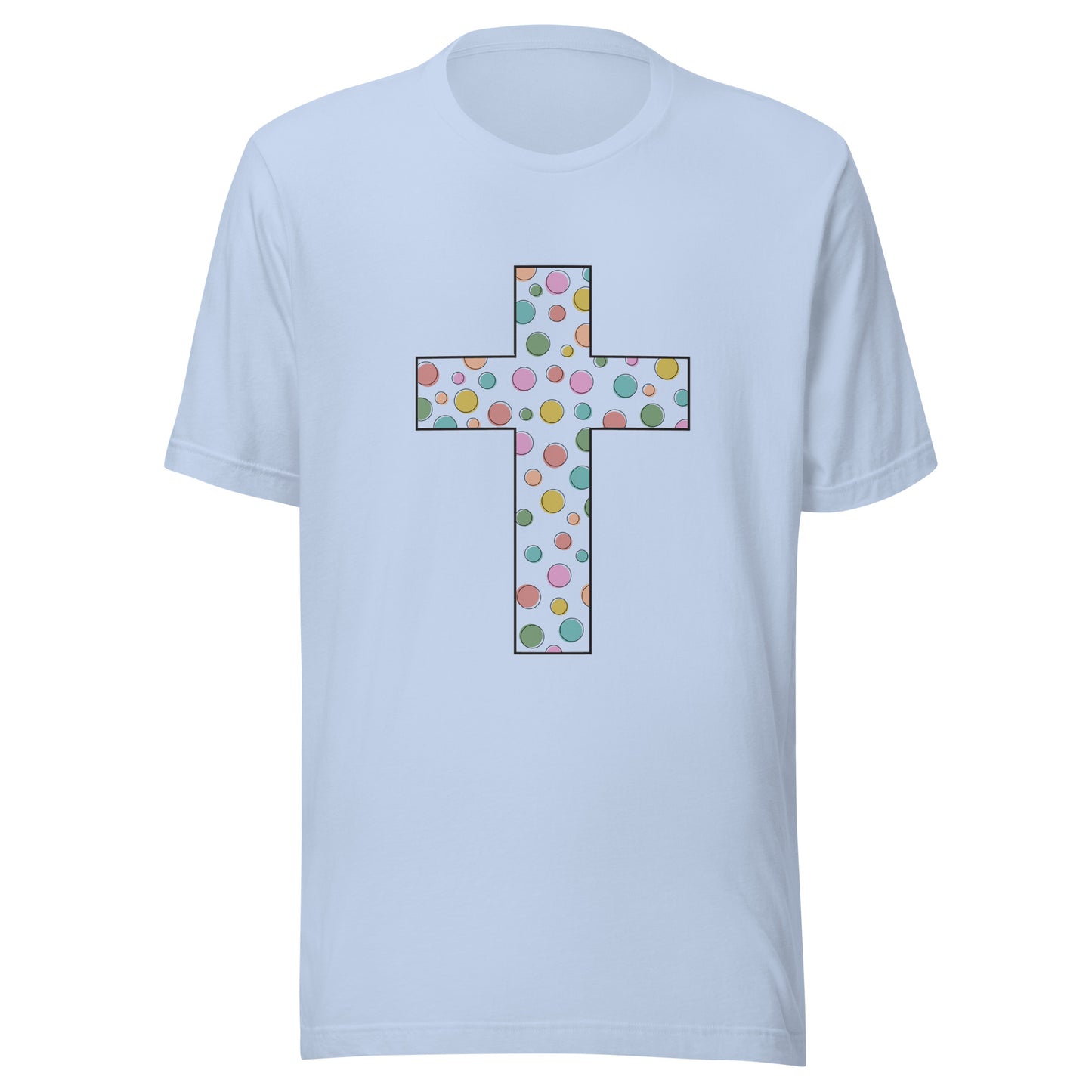 Baby blue unisex short sleeve t-shirt that has a cute multi-colored polka dot cross on the front. 