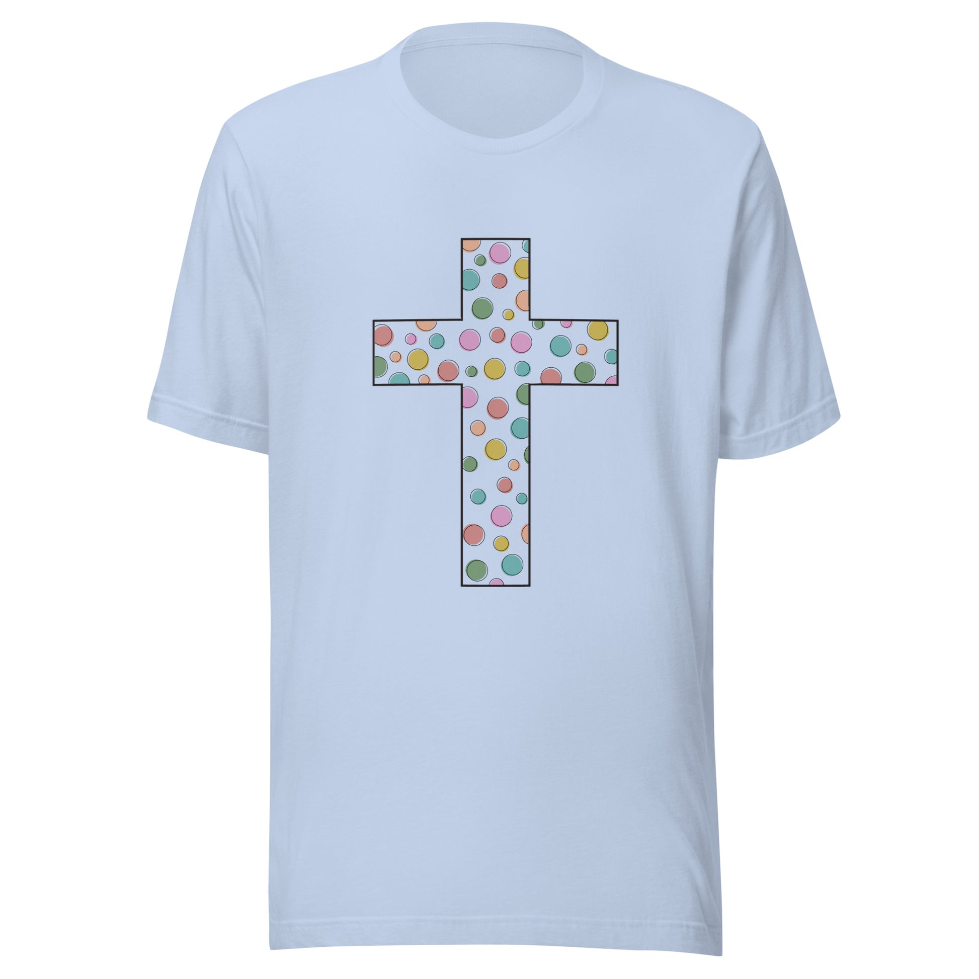 Baby blue unisex short sleeve t-shirt that has a cute multi-colored polka dot cross on the front. 