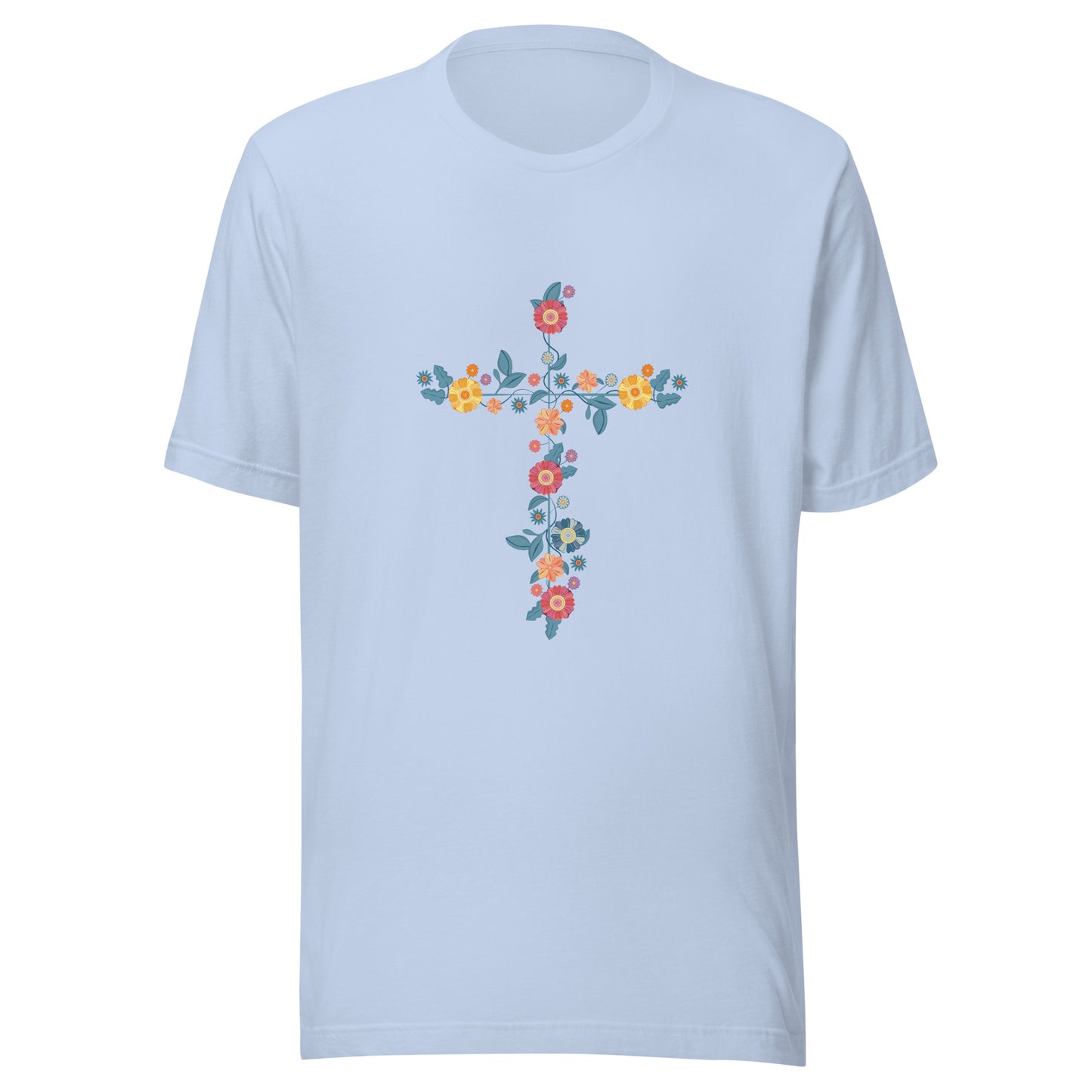 Baby blue unisex short sleeve t-shirt that has a multi-colored delicate floral cross.
