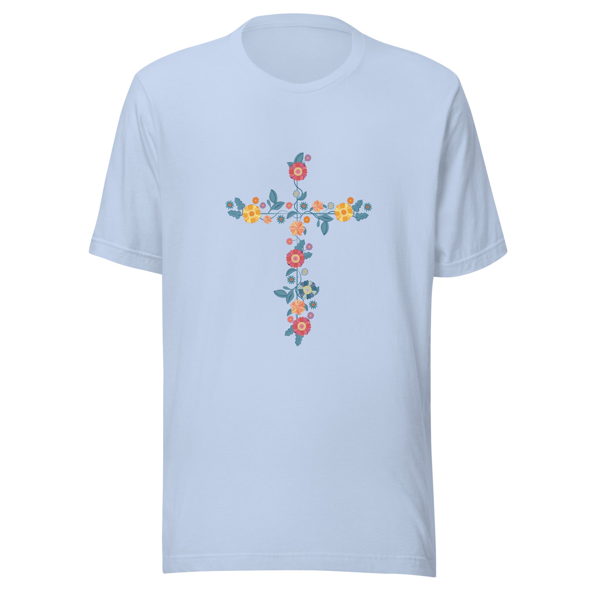 Baby blue unisex short sleeve t-shirt that has a multi-colored delicate floral cross.