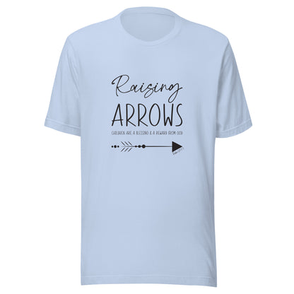 Baby blue unisex short sleeve t-shirt that says Raising arrows and Psalm 127:3 written above a single arrow.